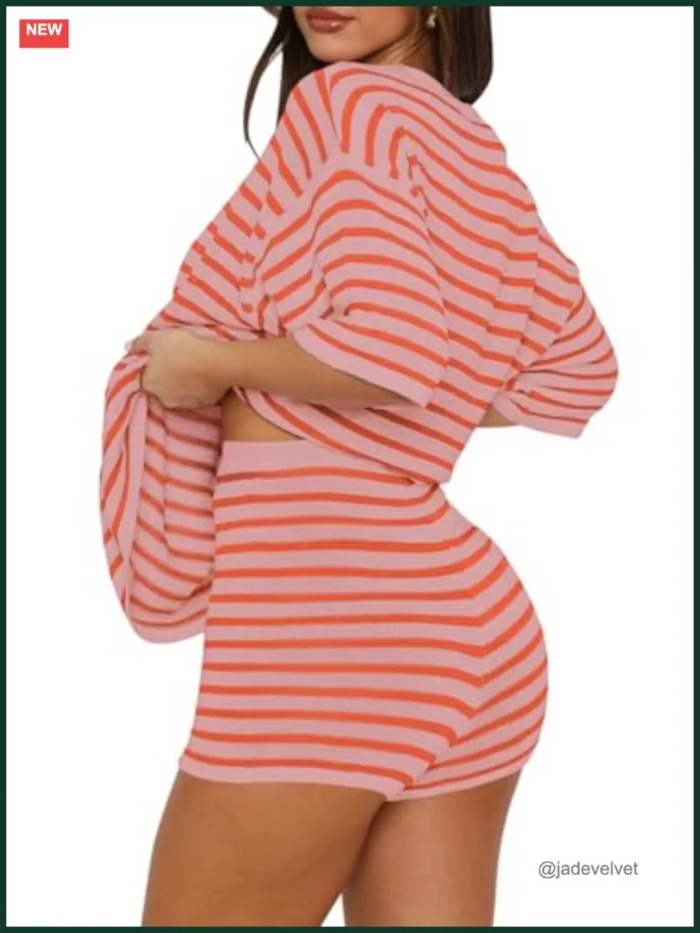 Striped 2 Piece Matching Sweater Set Short Sleeve Top & Lounge Shorts S-2XL